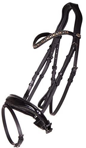 QHP Schwedische Trense Orlando Leder Lackoptik Strass Glitzer (Vollblut, schwarz/grün)