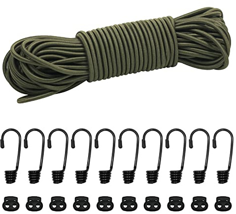 suruikei Gummiseil, elastisches Expanderseil Gummischnur Gummikordel Gummiband Planenseil Spannseil mit Haken Zubehör DIY (Dunkelgrün, 5mm x 20m)