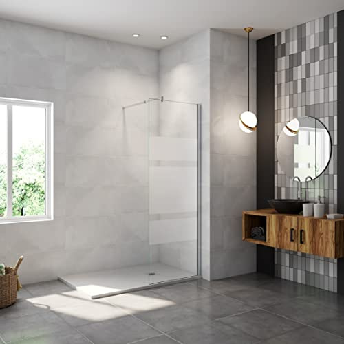 AICA paroi de douche à l'italienne 90x190cm en 6mm verre avec bandes horizontales sérigraphiées, livré avec barre de fixation extensible 70-120cm en cylindrique