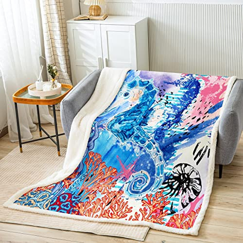 Seepferdchen Decke 100x130cm für Kinder Jungs Ozean Kreatur Thema Koralle Kuscheldecke Meer Unterwasser World Wohndecke SchlafDekor Grunge Art Blau Rosa Flanell Fleecedecke für Sofa Couchdecke
