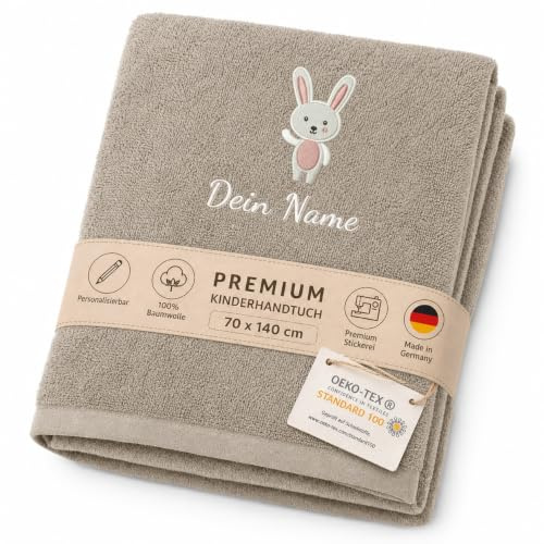 my STITCHERY Kinderhandtuch mit Namen Bestickt, Oeko-TEX® Standard 100 - Personalisiertes Handtuch für Kinder aus nachhaltiger Baumwolle mit gesticktem Namen und Motiv (70 x 140 cm, Beige)