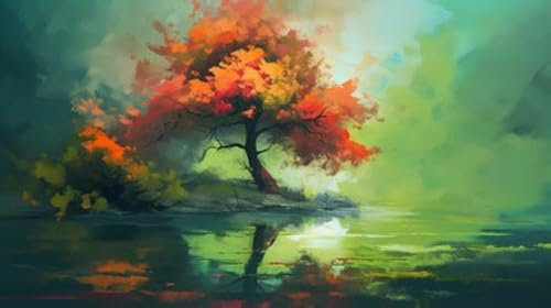 adrium Acryl-Bild 90 x 50 cm: Herbstlandschaft mit einem See und einem Baum. Digitale Zeichnung. (203693723)