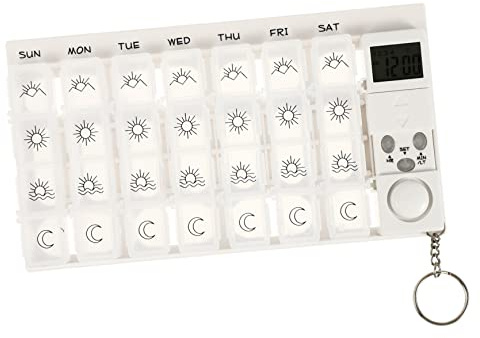 Wöchentlicher 7 Tage Organizer mit 28 Fächern und Alarmfunktion | Abnehmbare Pillenbox, 4 Dosierbereiche und Große Kapazität, Weiß, ABS Pp, für Medikamente und Vitamine