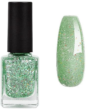 Glitter Nail Polish - Green Nail Varnish - Quick Dry Vegan Long Lasting Nail Polish - Water Based Formula & No Need Baking Nail Art