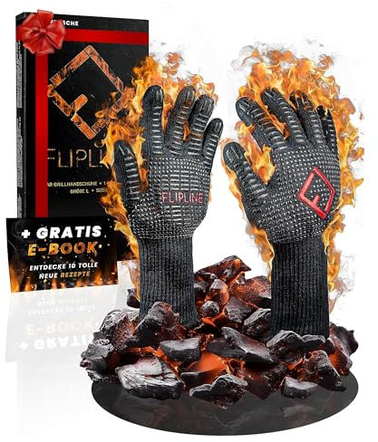 FLIPLINE® Guanti da barbecue resistenti al calore, guanti ignifughi di alta qualità, guanti da forno, guanti da cucina, guanti da forno per cucina e barbecue, con ricette e-book (L)
