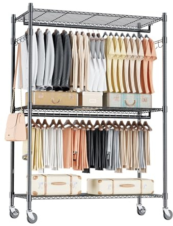 Himimi Portant à vêtements double barre/Rail à vêtements avec étagères réglables en Hauteur, Portant à Vêtements Robuste avec 2 Crochets, Rail à Vêtements avec Roulettes, 90 * 42 * 205cm, Noir