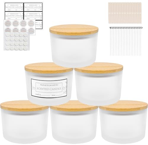 CONNOO Lot de 6 pots à bougie en verre dépoli à 3 mèches avec couvercle en bambou, étiquettes d'avertissement collantes et kit de mèches de bougie pour la fabrication de bougies, passent au