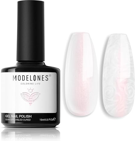 modelones UV Nagellack Weiß Rosa, 15 ML Gellack Pearl Effect Schimmer Meerjungfrau Gel Nagellack, Glitter Uv Lack Swirl Effekt, Soak Off Gel Nail Polish Nail Art DIY