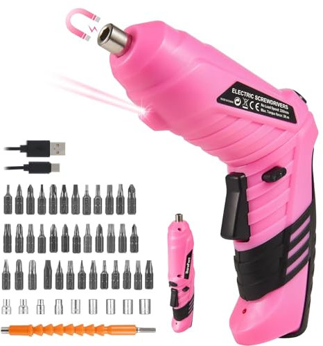 Durofort 3.7V Cordless Electric Screwdriver Set, Pink Rechargeable Small Screwdriver Drill Kit with 25Pcs Driver Bit, 3Nm Screw Gun with 2 Position Handle, 1300mAh Flexible Shaft LED Light for Women