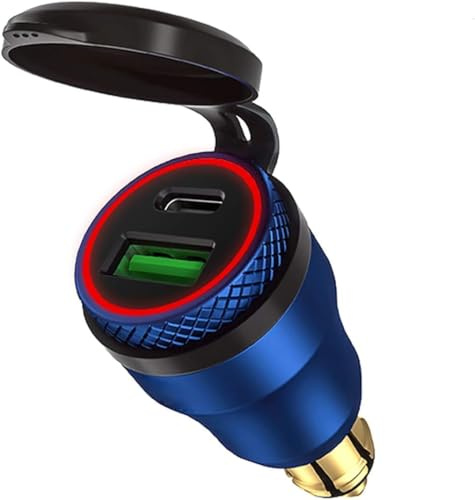 Lunriwis Aluminium DIN plug charger Motorcycle USB charger QC3.0 and PD fast charging adapter with 2 USB ports for BMW Triumph 12V-24V Hella DIN socket