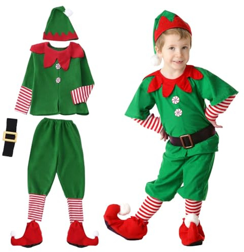 MOPQMKT Costume d'elfe de Noël pour enfant - 5 pièces - Haut + pantalon + bonnets + chaussettes + ceinture - Cadeau de carnaval et cosplay - Cadeau pour Halloween (130 cm)