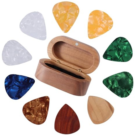 Valnöt gitarr plektrum hållare set med 2 färger träplektrum och 8 celluloidplektrum (4 tjocklekar), mini smyckeskrin, bruna träprydnadssaker, lådstorlek 8,5 x 4,5 cm (oregelbunden färgkontrast)
