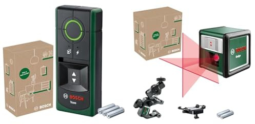 Bosch Ortungsgerät Truvo 2. Generation (Ortung von Kabeln/Metall bis 70mm, im E-Commerce Karton) & Kreuzlinienlaser Quigo mit Universalklemme MM 2 (präzise Ausrichtung, im E-Commerce Karton)