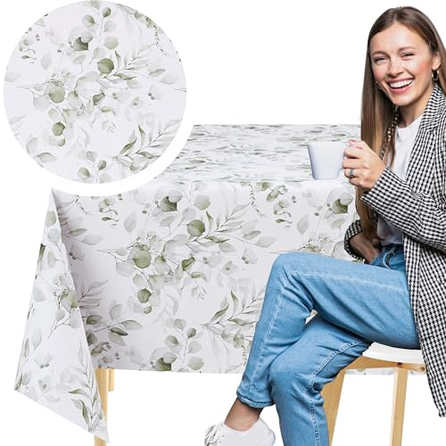 KP HOME White PVC Table Cloth Wipe Clean Tablecloth with Boho Leaves Print - Rectangular 78.7x 55.1 - 200x140 cm Waterproof and Wipeable Plastic Table Cover with Green Eucalyptus Vinyl Oilcloth