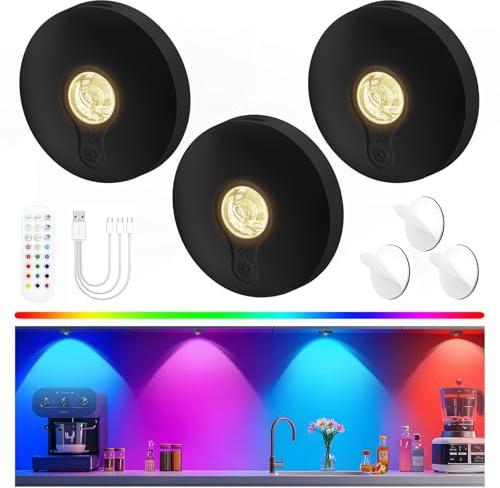 Schrankbeleuchtung Kabellos Akku USB, Unterschrank Beleuchtung Küche, Unterbauleuchte Küche LED Ohne Kabel, Vitrinenbeleuchtung Magnetisch, Puck Lights Mit Fernbedienung, Schwarz, 3 Stück, 3-Farbe-RGB