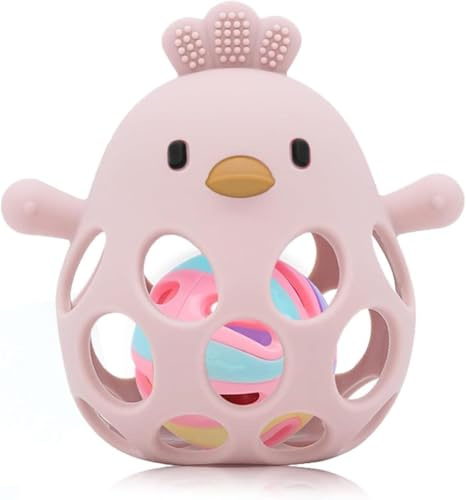 JoyJoyful Greifball für Babys, Montessori Spielzeug für 0 3 6 9 Monate, Knisterspielzeug BeißRing Silikon Sensorik Spielzeug, Rassel BeißSpielzeug Geschenke für Neugeborene Kleinkinder (Rosa)