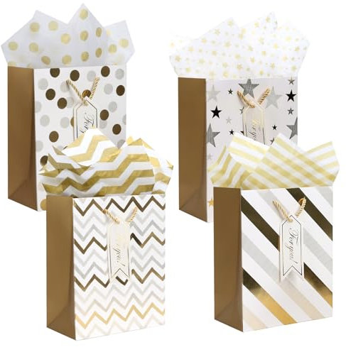4 Stück Geschenktüten, Geschenktüten mit Henkel, Weiß Gold Geschenktüte mit Schleifenbändern Geburtstag 23x18x10 cm, Geschenktüte 4 Muster für Geschenke Einkaufen Party Hochzeit
