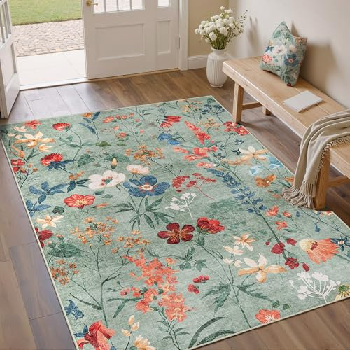 HUGEAR Alfombra para Sala Verde Antideslizante Lavables en Lavadora Tapetes Habitacion Comedor Cocina Exterior Moderno Flor Grande Pelo Corto Tapete 80x150cm
