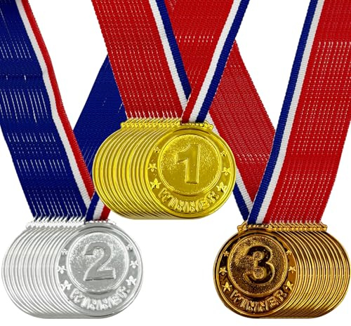 Flyekist 36 Pieces Plastic Winner Award Medals for Kids, Childrens Plastic Gold Silver Bronze Medals for Sports, Games Competitions, Party Favors and Decorations