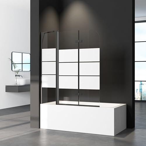 Duschwand für Badewanne 140x140cm 3-Teilig Faltbar Duschabtrennung, Gestreift Faltwand mit Festem Segment, Badewannenaufsatz Faltbar 180°, Schwarz Badewannenfaltwand mit 6mm ESG Sicherheitsglas