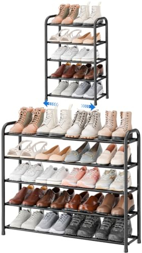 ENJOYBASICS Schuhregal Platzsparend, 5 Ebenen Metall Schuhablage Schwarz | Ausziehbarer shoes rack 45-83 cm Verstellbarer Schuhorganizer, schmal schuh regal für Flur, Diele, kleine Räume
