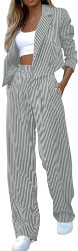 ticticlily Pantalon Tailleur Femme Chic et Élégant Ensemble 2 Pièces Blazer Chemisier Courte et Pantalon Taille Haute Tailleurs Rayures Costumes de Travail Décontracté Streetwear A Gris M