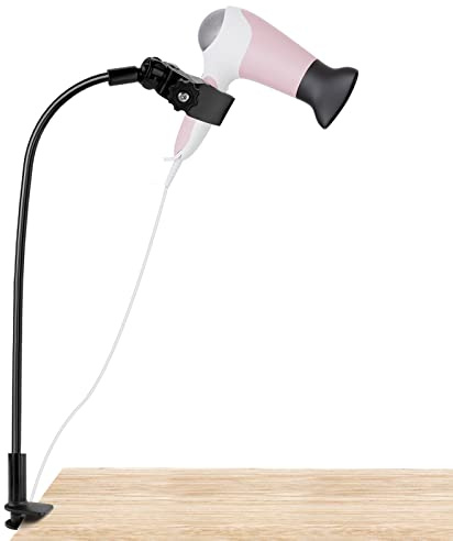 360 Degree Rotating Lazy Hair Dryer Stand, Adjustable Hose Hands Free Stand with Clips for Countertop (Black)