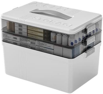 3-lagige Aufbewahrungsbox für Medikamente, tragbare Erste-Hilfe-Box | abschließbare medizinische Haushaltsbox mit Deckel, Medikamentenaufbewahrung für Zuhause, Schule, Büro