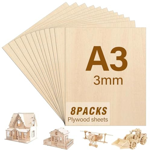 Lot de 8 contreplaqué A3 en tilleul, 42 x 29,7 cm, plaque de contreplaqué de 3 mm, en tilleul, pour le bricolage, le travail du bois, le travail laser, l'artisanat, la découpe du bois, le modélisme