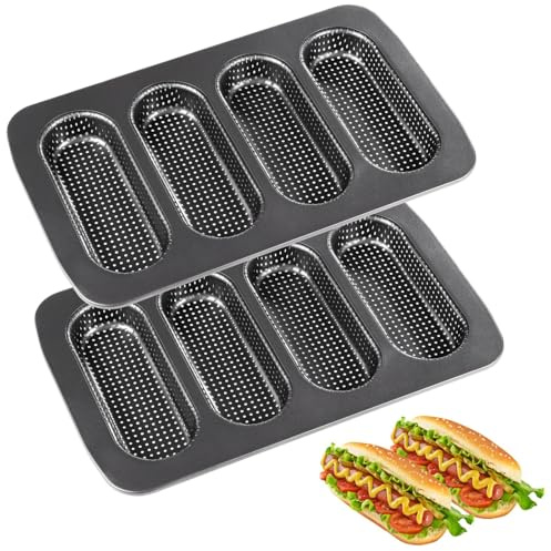 Chewtoyo Lot de 2 moules à pain perforés en acier au carbone pour hot-dog, plaques de cuisson antiadhésives pour petits pains, sandwichs et mini baguettes