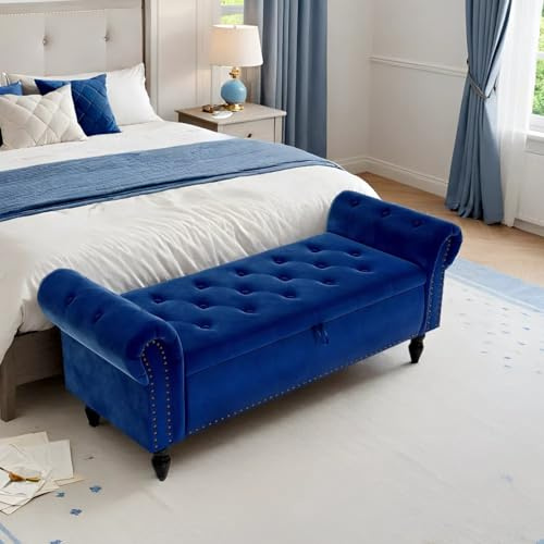 Clevich Sitzbank mit Stauraum 133cm, Samtmaterial, Umdrehen Mit Booster-Gasstange, Fußstütze mit stabilen Holzbeinen, Sofabank fur Flur, Schlafzimmer, Wohnzimmer, 133x53x46 cm, Blau