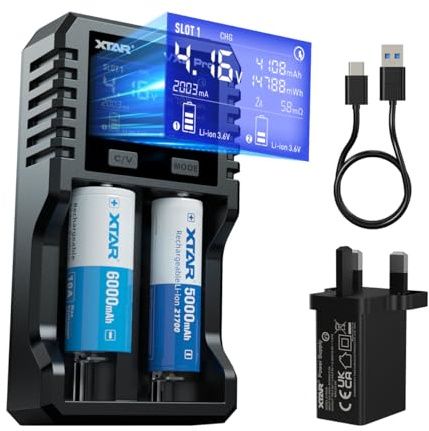 XTAR VX2 Pro Visible Mixer 1.5V/3.6V/3.7V Li-Ion& 3.2V LiFePO4& 1.2V Ni-MH Batteries Charger (VX2 PRO with PD20W UK Adapter)