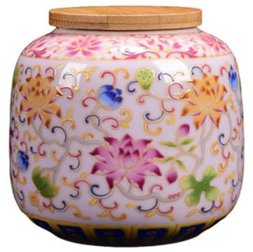 XYUERU Ceramic tea caddy with airtight wooden lid, Chinese design, for tea, coffee, spices and sweets, moisture-resistant, decorative storage jar(Pink)