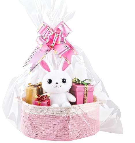 VIDSTW Präsentkorb Leer Incluye Bolsa Embalaje y Cinta Cesta para Regalo Hecho de Algodón Cesta de Regalo Vacía Con Asas Cajitas Organizadoras para Pascua Baby Showers Navidad（Rosa Blanco）