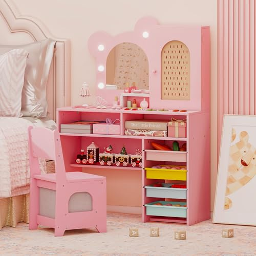 GOPLUS Coiffeuse Enfant avec Chaise, Coiffeuse Fille avec Miroir Lumineux 3 Couleurs, Étagères, 4 Bacs, Tiroir en Tissu, Table de Maquillage pour Chambre d'enfant, 3+ Ans (Rose)