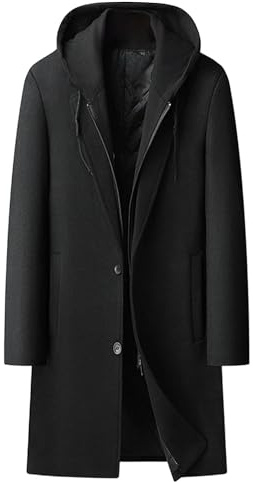 Herr Yllekappa med Hoodie Vinteröverrock Enkelknäppt Yllejacka med Fickor Svart 4X Large