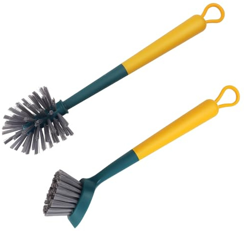 Washing up Brush with Handle, Pot Dish Brush and Bottle Washer Brush | Cleaning Brushes with Durable Bristles for Water Bottle Cup Pot Kitchen Sink Tile Grout, Yellow-Green