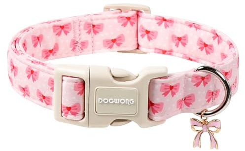 DOGWONG Hundehalsband, Rosa Schleifenmuster, Weiches Stoffhalsband mit Schleifenmuster–Halsbänder für Mädchen und Jungen, für Kleine, Mittelgroße und Große Hunde, S