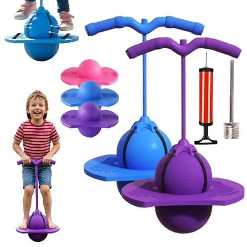 Comsey Balance Jumping Ball, Bouncing Balls, Pogo Ball with Handle and Pump for Beginners & Adults, Up to 600lb, Silent Design, Fun Challenge Indoor Outdoor BounceToys (Blue+Purple)