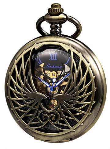 TREEWETO Herren Damen Taschenuhr Mechanische Skelett Adler Flügel Doppel Hohl Gehäuse Römische Ziffer mit Kette Geschenkbox, braun, Mechanisch