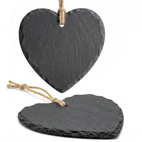 MIJOMA Schieferherzen im 2er Set 15 x 15 cm – mit Juteband zum Aufhängen und Beschriften – naturbelassene Herzform mit gebrochener Kante – als Türschild oder Wanddeko