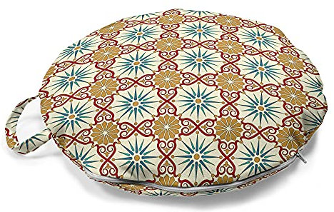 ABAKUHAUS marokkanisch Rundes Bodenkissen mit Griff, geometrische Formen, dekoratives Kissen für Wohnzimmer & Schlafsäle, 45 cm, Senf Beige