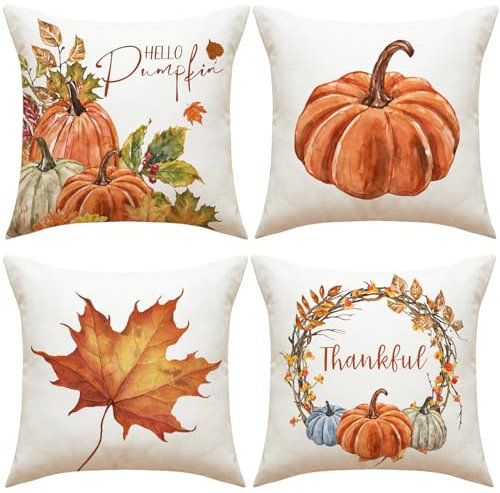 4er Set Thanksgiving Dekorative Kissenbezüge, Herbst Kissenbezüge Zierkissenbezug Kissenhülle, Leinen Kürbis Ahorn Blätter Überwurf Kissenbezug Für Büro Schlafzimmer Auto Dekoration, 45 X 45cm