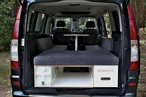 Moonbox Campingbox mit Tisch Van/Bus 124cm Weiß | mit Campingküche, Sitzplätze, Tisch, Bettfunktion/Schlafsystem | für Fahrzeuge mit Mind. 124cm Breite im Kofferraum