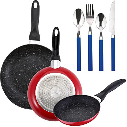 PACK DE 3 SARTENES SAN IGNACIO Ø16CM Ø20CM Ø24CM + SET DE 24PC CUBERTERÍA EN ACERO INOXIDABLE CON MANGOS DE COLOR AZUL