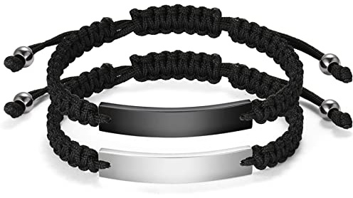JewelryWe Schmuck Pärchen Armband Lederarmband mit Her King His Queen Hochglanz Poliert Edelstahl Leder Seil geflochten Partnerarmband Freundschaftsarmband Paar Armreifen Verstellbar, Schwarz Silber