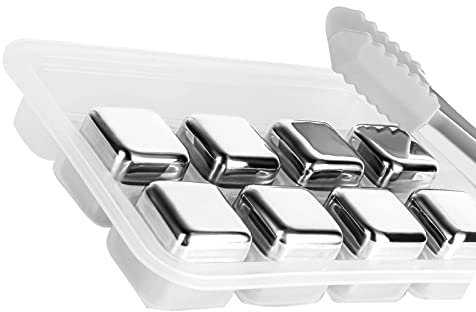 MYSUNBAR Piedras de cubitos de hielo para whisky, 8 unidades, reutilizables, de acero inoxidable, piedras de refrigeración con pinzas, de acero inoxidable apto para alimentos, juego de regalo