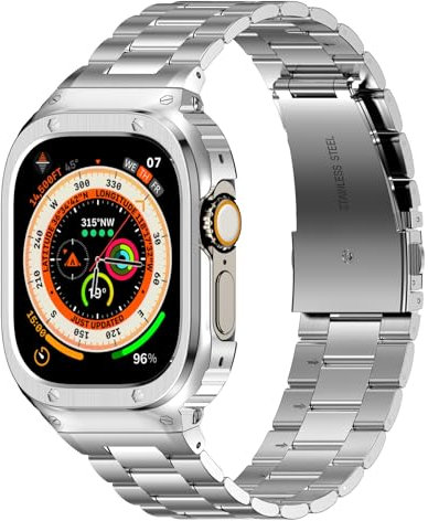 HASLFM Kompatibel mit Apple Watch Armband 45mm Series 9/8/7, Robustes Edelstahl Metall Ersatz Armband mit Gehäuse Cover für iWatch 45mm Series 9/8/7 für Männer, Silber