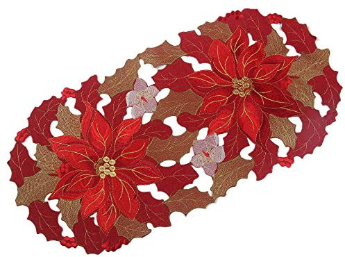 Weihnachten - Winter - Weihnachtsstern Poinsettie Stickerei Polyester Tischläufer ca. 35 x 70 cm, Oval Rot