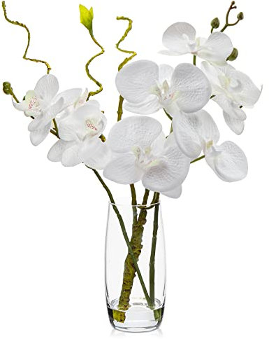 Kunstpflanze Orchideen Kunstblumen Wie Echt Mit Real-Touch in Glasvase mit künstlichen Wasser Künstliche Deko Blumen Kunstblumen Wie Echt Mit Real-Touch Blüten Tischdeko Fensterbank Deko, Weiß